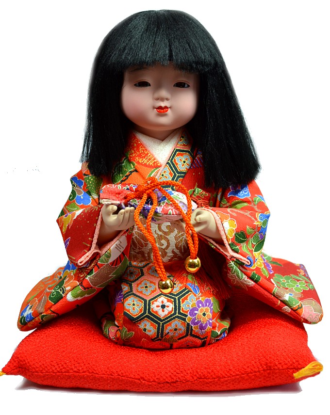 японская традиционная кукла Девочка в ярком кимоно, с сумочкой в руках