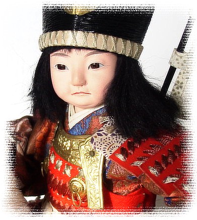 юный самурай-всадник на белом коне, японская антикварная кукла