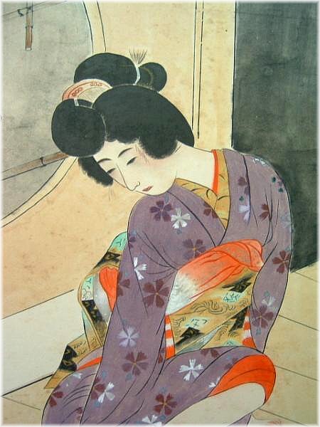 японская картина Девушка, вытирающая ножку, деталь
