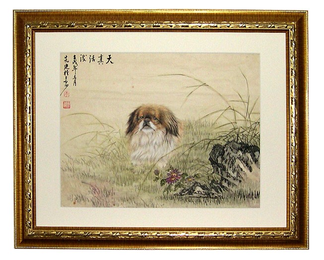 японский хин в траве, картина в раме, 1922 г.
