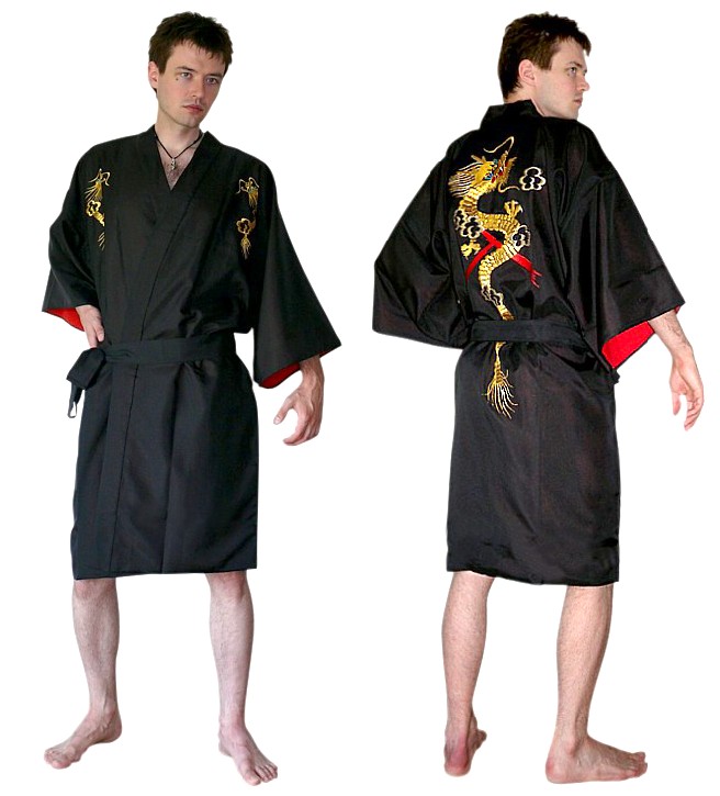 японский мужской халат-кимоно с вышиврой и подкладкой