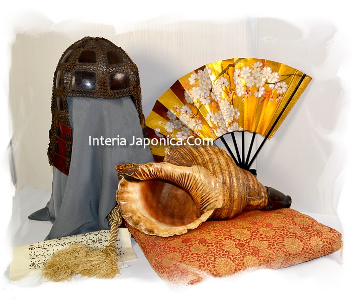 самурайской шлем конца эпохи Эдо, самурайский сигнальный горн хорагай