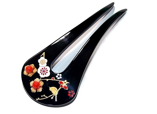 японское украшения для прически - шпилька канзаши с авторской росписью и кораллами