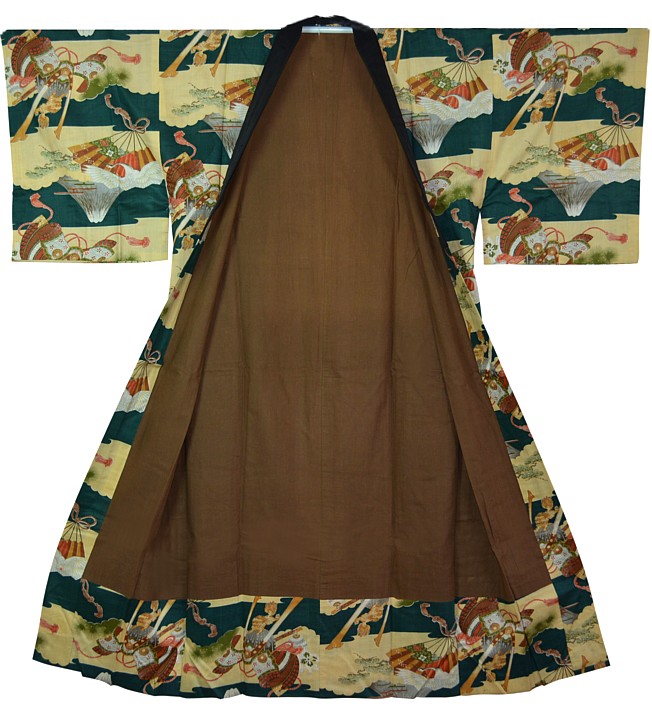 японское мужское антикварное кимоно с рисунком на самурайскую тему