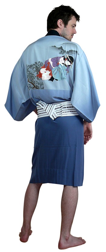 японское мужское винтажное кимоно из шелка с авторским рисунком на эротическую тему