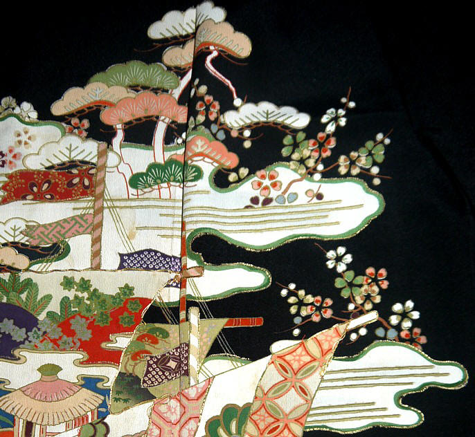роспись на шелке японского старинного кимоно