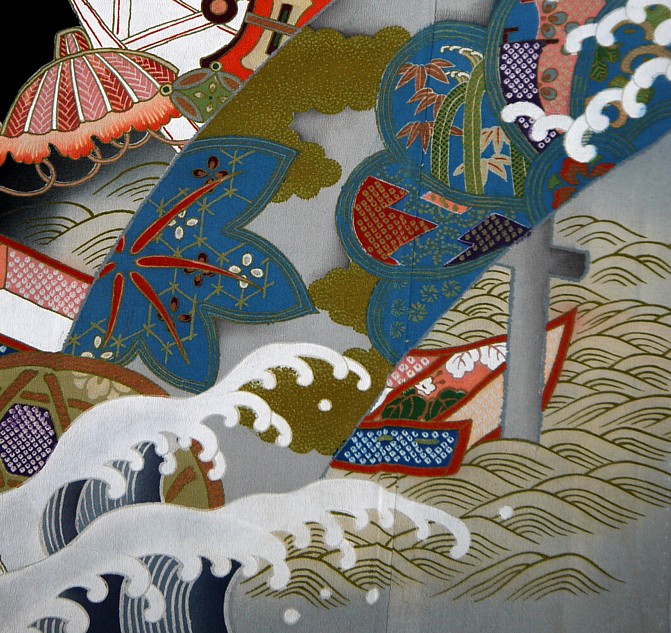 авторский рисунок на шелке японского антикварного женского кимоно