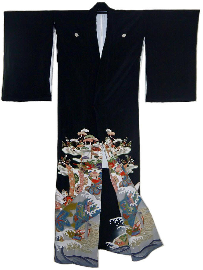 японское антикварное кимоно из шелка с авторской росписью и вышивкой, 1890-00-е гг
