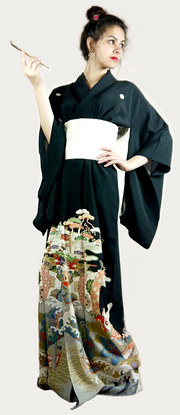 антикварное шелковое японское кимоно с авторским рисунком