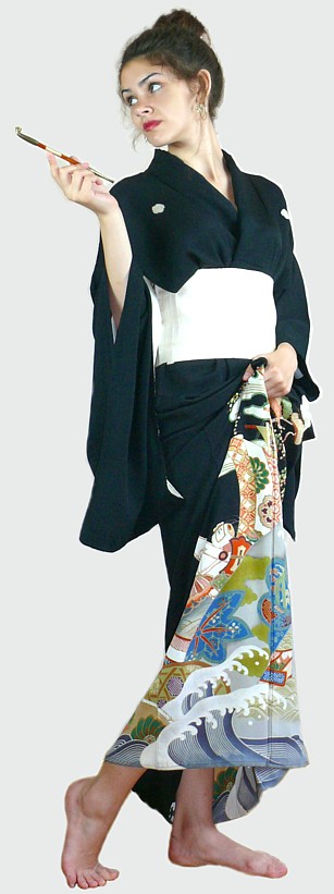 японское антикварное кимоно из шелка с авторской росписью, 1890-00-е гг