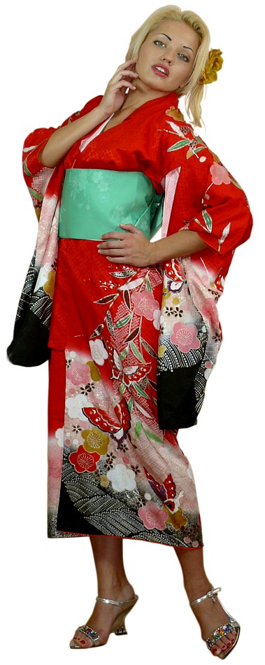 японское винтажное шелковое кимоно юной девушки, 1960-е гг