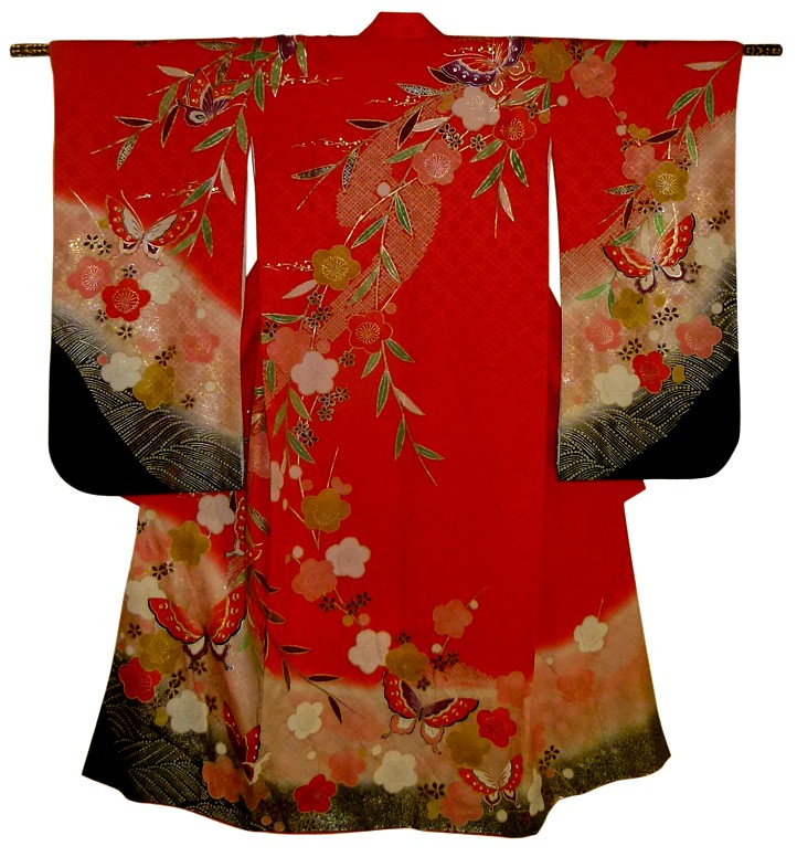 Японское винтажное шелковое кимоно юной девушки, 1960-е гг