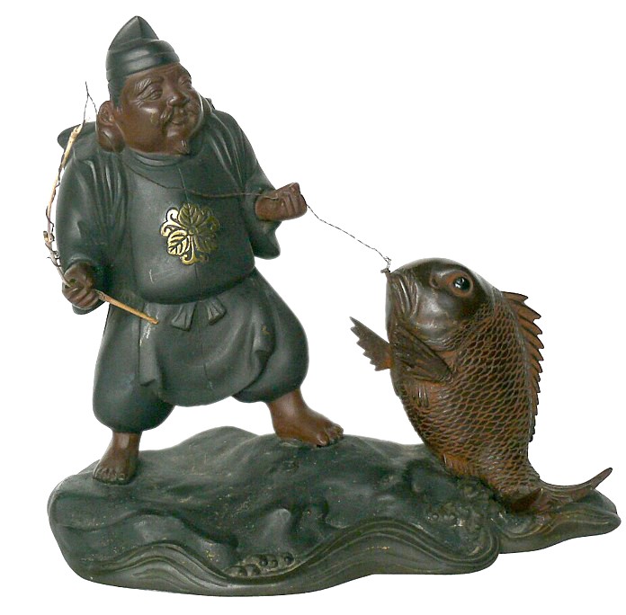 японская антикварная бронзовая статуэтка одного ис Семи Богов Счастья - Эбису с удочкой и рыбой