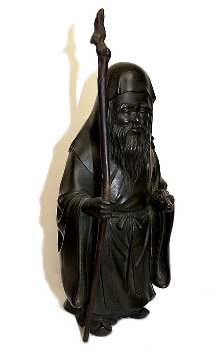 ФУКУРОКУДЗЮ, один из Семи Богов Счастья, бронзовая антикварная статуэтка, Япония