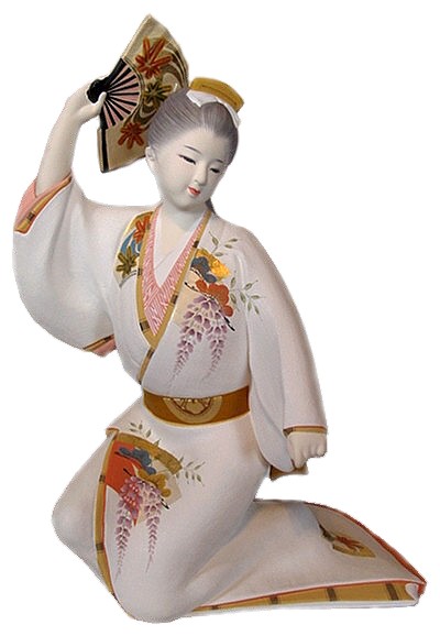 японская статуэтка из керамики Девушка в светлом кимоно, танцующая с веером, Хаката.
