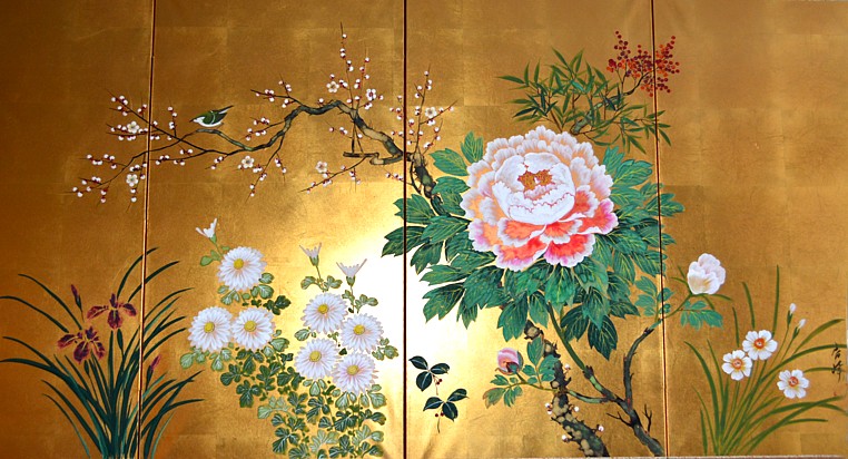 японская антикварная ширма с авторкой росписью