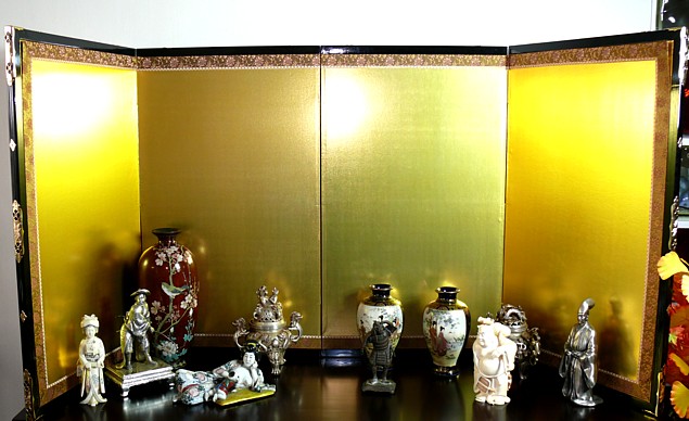 японская ширма с коллекцией японского антикварного фарфора