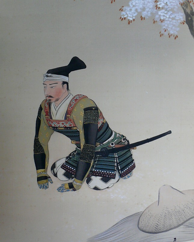 японский рисунок на свитке Самурай под сакурой: деталь