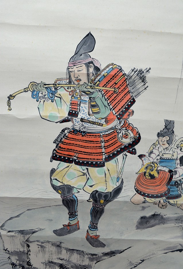 Самурай в доспехах на скалистом берегу, японский рисунок на свитке, 1880-90-е гг.