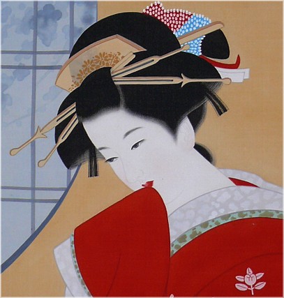 японский рисунок на свитке Красавица с книгой у окна