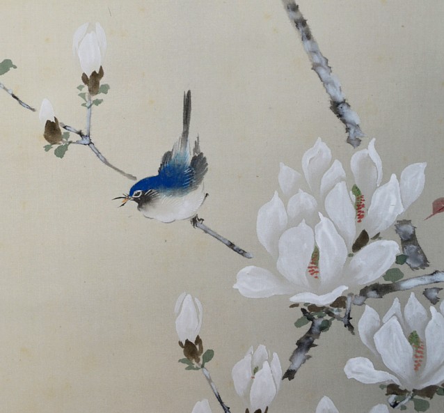 птичка в саду, японский акварельный рисунок, 1920-30-е гг.