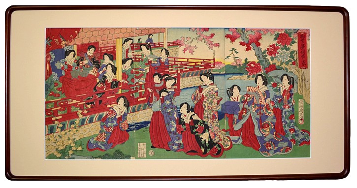 японская ксилография-триприх художника Чиканобу, 1880-й г.
