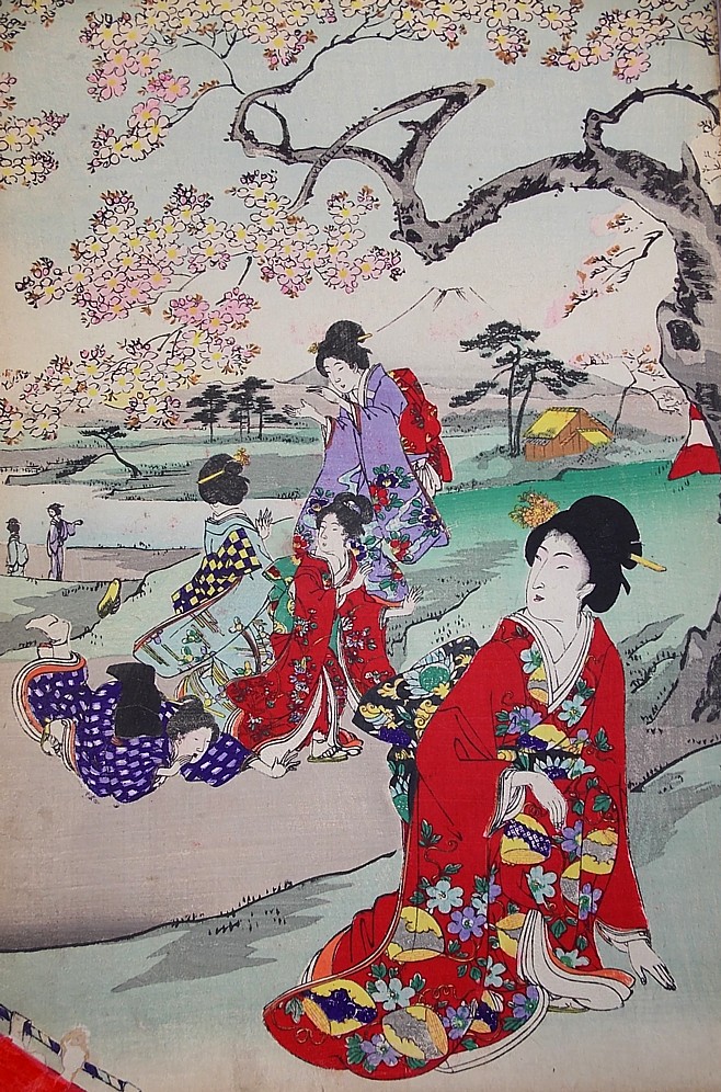 японская антикварная гравюра триптих, Чиканобу, 1894 г.
