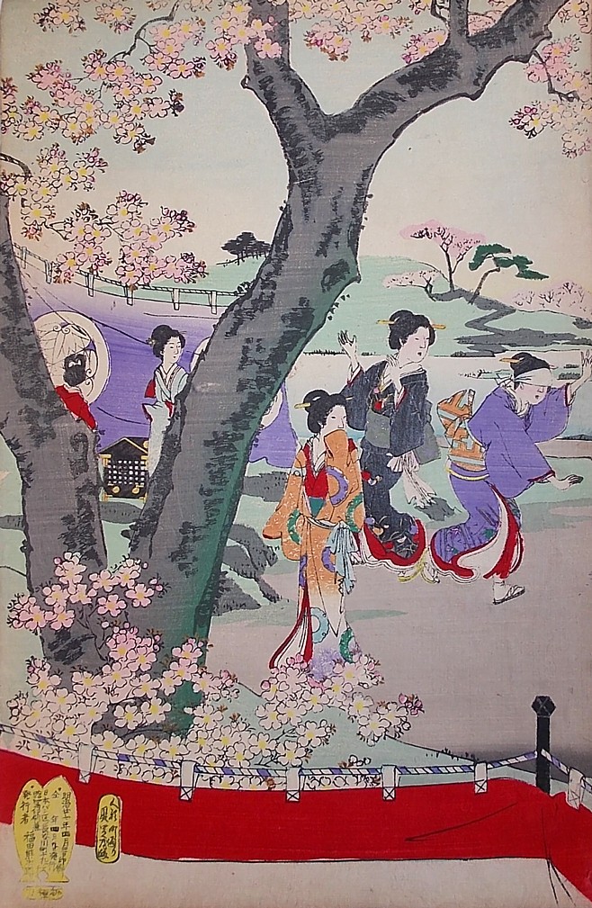 японская ксилография триптих, художника Чиканобу, 1894 г.