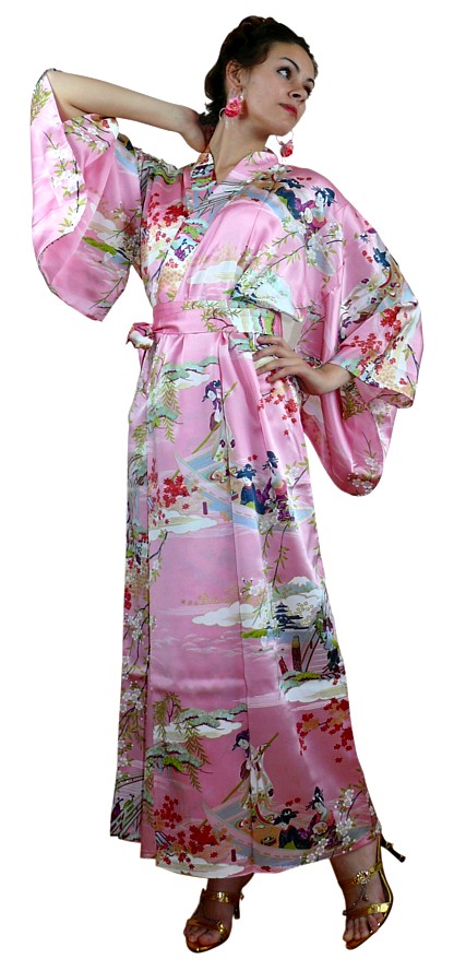 японское шелковое кимоно Эдогава, розовое