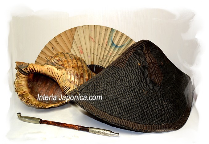 самурайский сигнальный горн, походная плетеная шляпа самурая, мужская курительная трубка