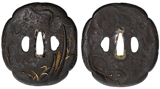 антикварная кованная цуба (гарда меча) с впайкой золота, эпоха Эдо