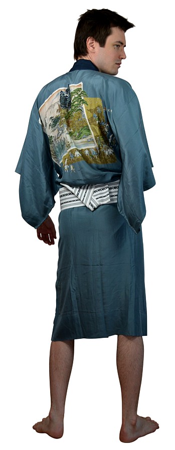 японское  шелковое мужское кимоно с авторской росписью