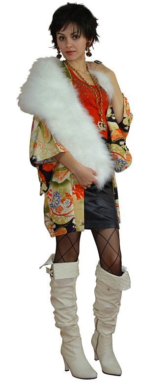 шелковое японское женское хаори и боа из страуса