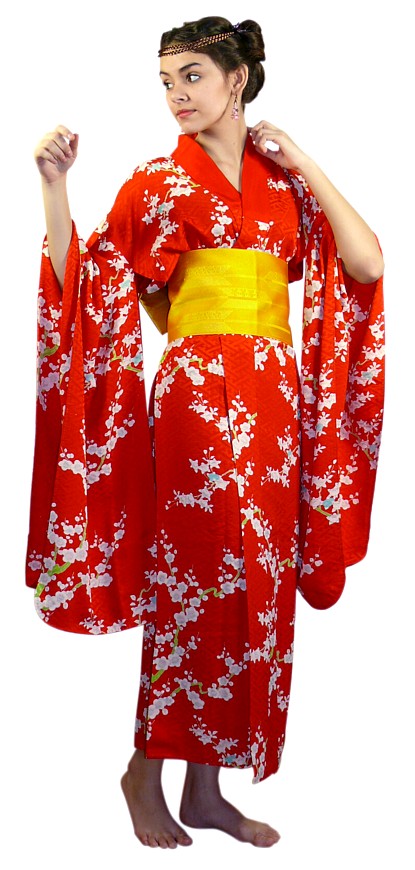 японское старинное кимоно майко из алого шелка