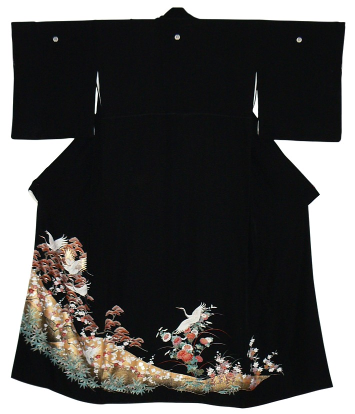 японское традиционное черное шелковое кимоно с авторской росписью, винтаж