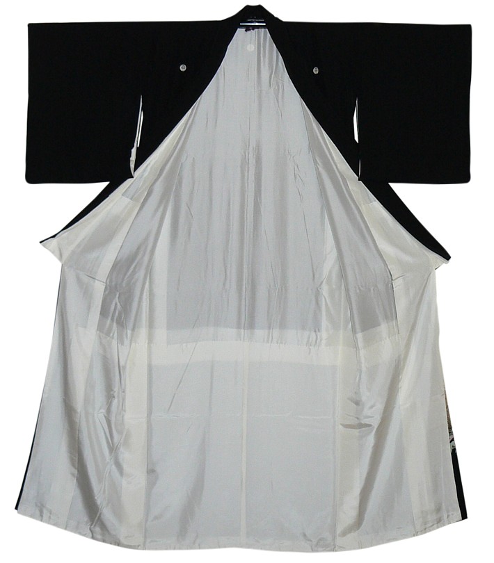 японское черное шелковое кимоно на белой подкладке, винтаж