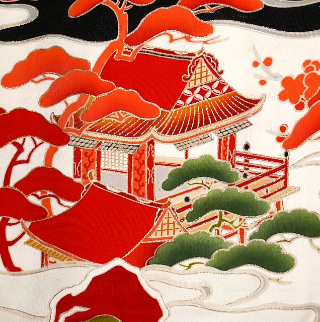 японский рисунок на шелке старинного женского кимоно